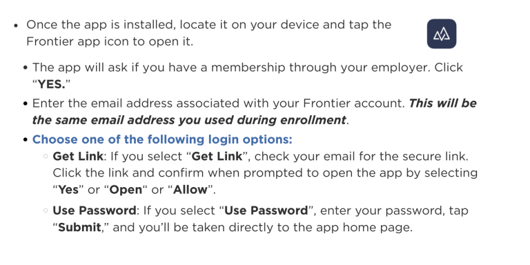 Frontier App Login Instructions